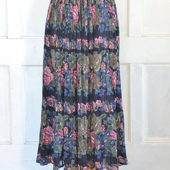 90s Vintage Floral Skirt - Long Crinkled Cotton Gauze Skirt - Rose Print - Draws - Picture 3 of 4